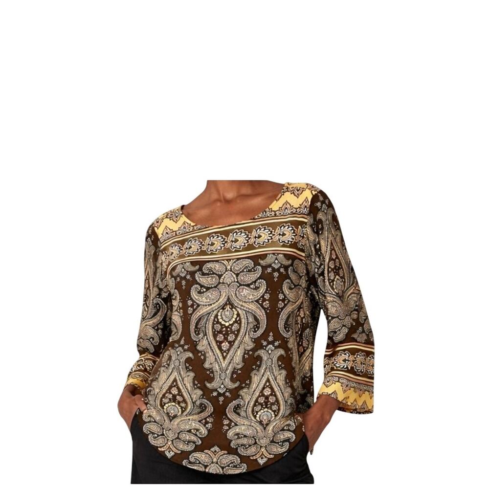 Bob Mackie Top Womens Size L Yellow Brown Pullover Wearable Art Boho Artsy Light
